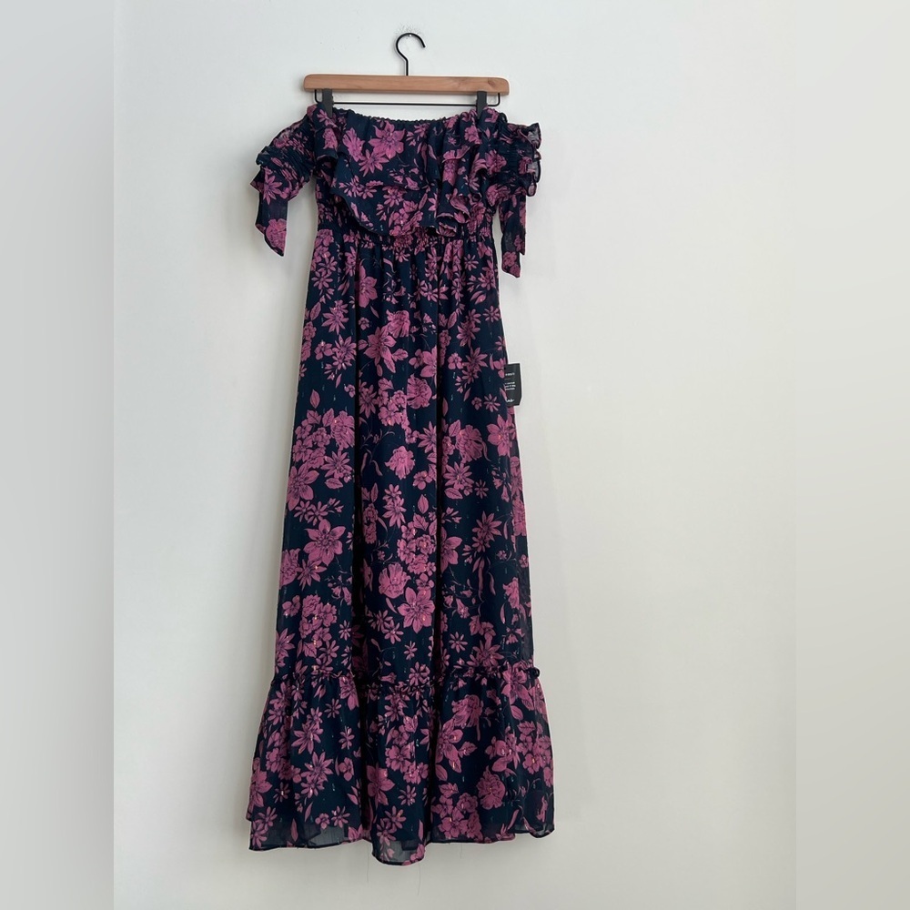 New Lulus Love and Blooms Navy Blue Floral Print Off The Shoulder maxi Dress - Picture 6 of 14